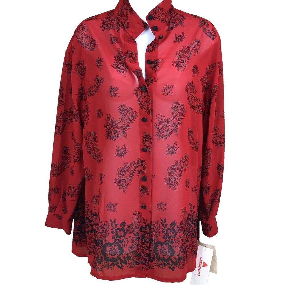 Vintage Womens Liz Sport PS Red Paisley Printed Chiffon Blouse‎ 90's